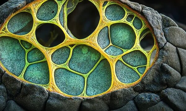 Close-up view of cellular structures in a plant or organic material.