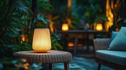 A real photo of an elegant rattan garden furniture set with sleek lamps and a stylish table in the background, softly lit in a cozy garden space.