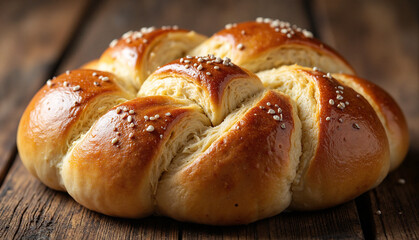 Braided Challah Loaf with Glossy Finish on Rustic Wooden Table in Soft Backlighting Image