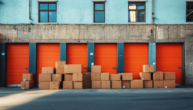 A row of self-storage units with vibrant orange doors, stacked with neatly organized cardboard boxes, highlighting modern, efficient storage solutions.