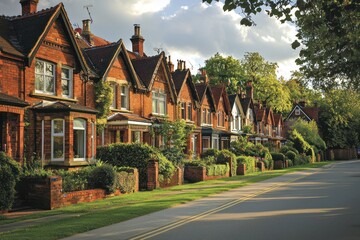 A row of traditional terraced houses, each with distinct brickwork and inviting front gardens. The houses reflect classic architectural charm, standing proudly in a well-kept neighborhood.