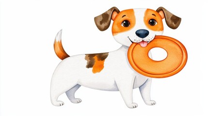 Fototapeta premium Cute Cartoon Jack Russell Terrier Puppy with Orange Toy Isolated on White Background