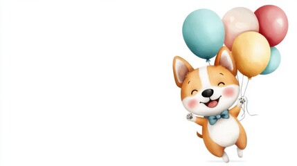 Fototapeta premium Cheerful Corgi Puppy Celebrating with Colorful Balloons in a Festive Setting