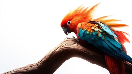 Obraz premium Vibrant Scarlet Macaw Perched on Driftwood Against White Background