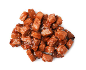 Pieces of wet pet food isolated on white, top view