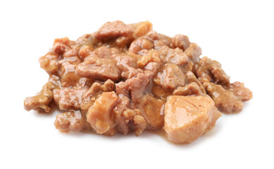 Pieces of wet pet food isolated on white