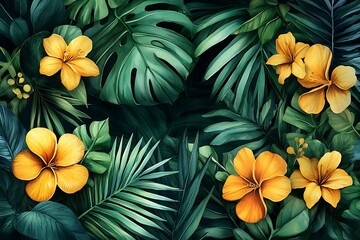Lush Tropical Foliage with Vibrant Yellow Flowers