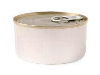 Pet food in tin can isolated on white