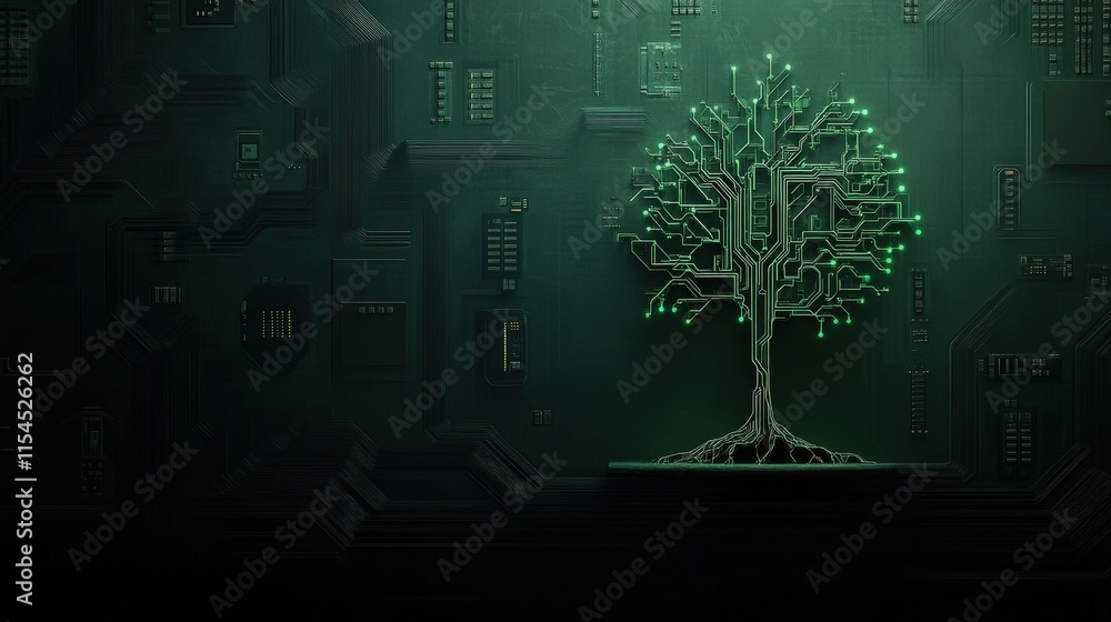 Aufkleber Green Circuit Tree Design Against Dark Background Representing Growth and Technology in Modern Digital World for Innovation and Eco-Friendly Concepts