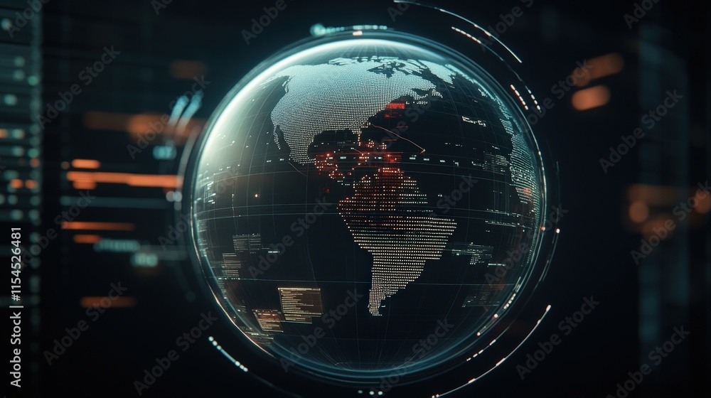 Poster Futuristic Digital Globe with Connected Data Points Representing Global Network and Information Flow Across Continents in a High-Tech Environment
