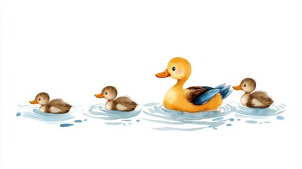 Obraz premium Family of Ducks and Ducklings Swimming in Tranquil Waterway