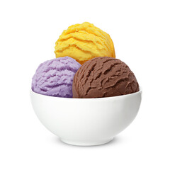 Ice cream scoops in bowl on white background. Chocolate, mango and blueberry flavors