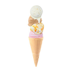 Ice cream scoops in waffle cone on white background. Chocolate, vanilla, mango and strawberry flavors