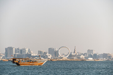 Tour boat and city sea view in Doha, Qatar