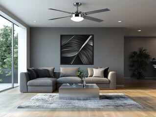 A silver ceiling fan with sleek, modern blades, adding a touch of elegance to a contemporary room.