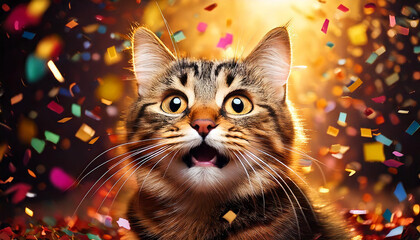 紙吹雪の中で喜ぶ猫