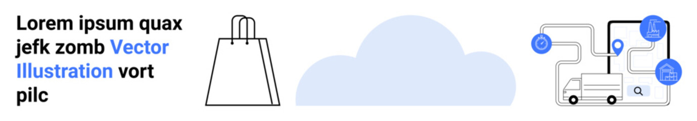 Shopping bag beside a cloud, diagram of a delivery truck connected to nodes representing technology solutions. Ideal for e-commerce, cloud integration, logistics, modern retail, online shopping
