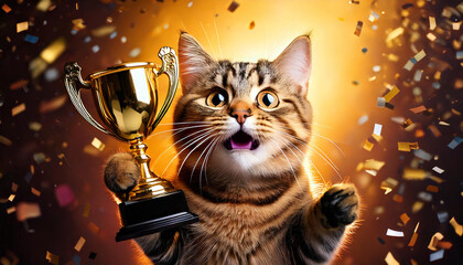 トロフィーを持つ猫