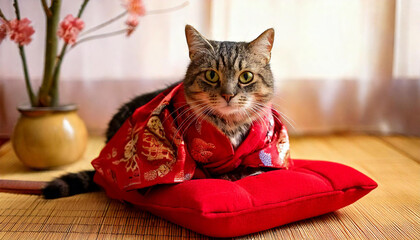 和室で着物に身を包んだ猫