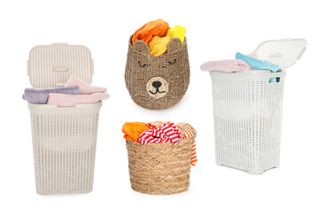 Wicker baskets with laundry isolated on white, collage