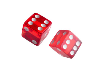 Two red dice in air on white background