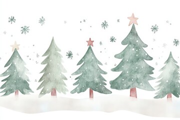 A row of Christmas trees with snow on them and a star on top