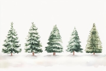 Fototapeta premium A row of five evergreen trees are painted in a watercolor style