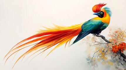 Obraz premium Magnificent Rainbow Bird on Blooming Branch