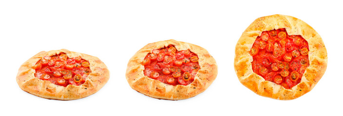 Delicious galette with cherry tomatoes on white background, collage. Top and side views