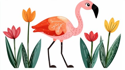 Elegant Pink Flamingo Surrounded by Colorful Tropical Flowers in Garden