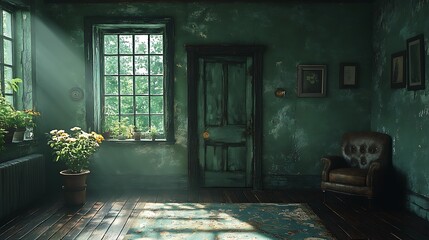 Vintage Green Room with Sunlight. Concept of Antique, Tranquil, and Historic.