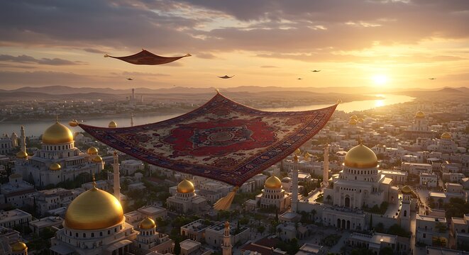Mystical Flying Tapestries Over Golden City