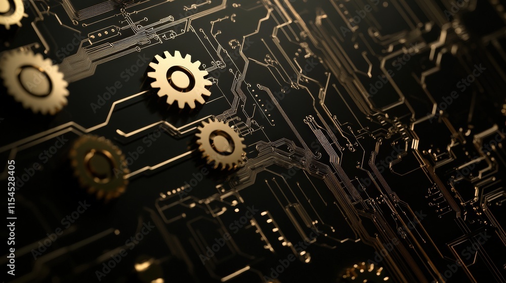 Aufkleber intricate close-up of golden gears on a circuit board surface highlighting technology, engineering, 