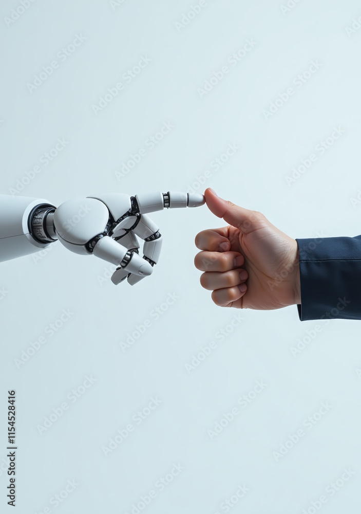 Poster hand robot human touch index finger isolation clean background discussing technology artificial inte