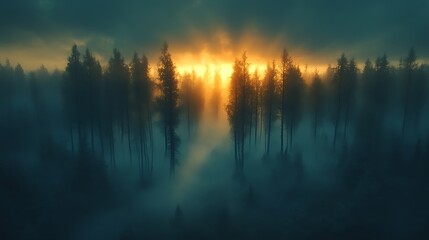 Misty forest sunrise.