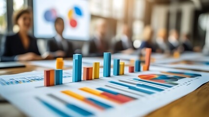 Colorful bar graph charts on a table during a business meeting.