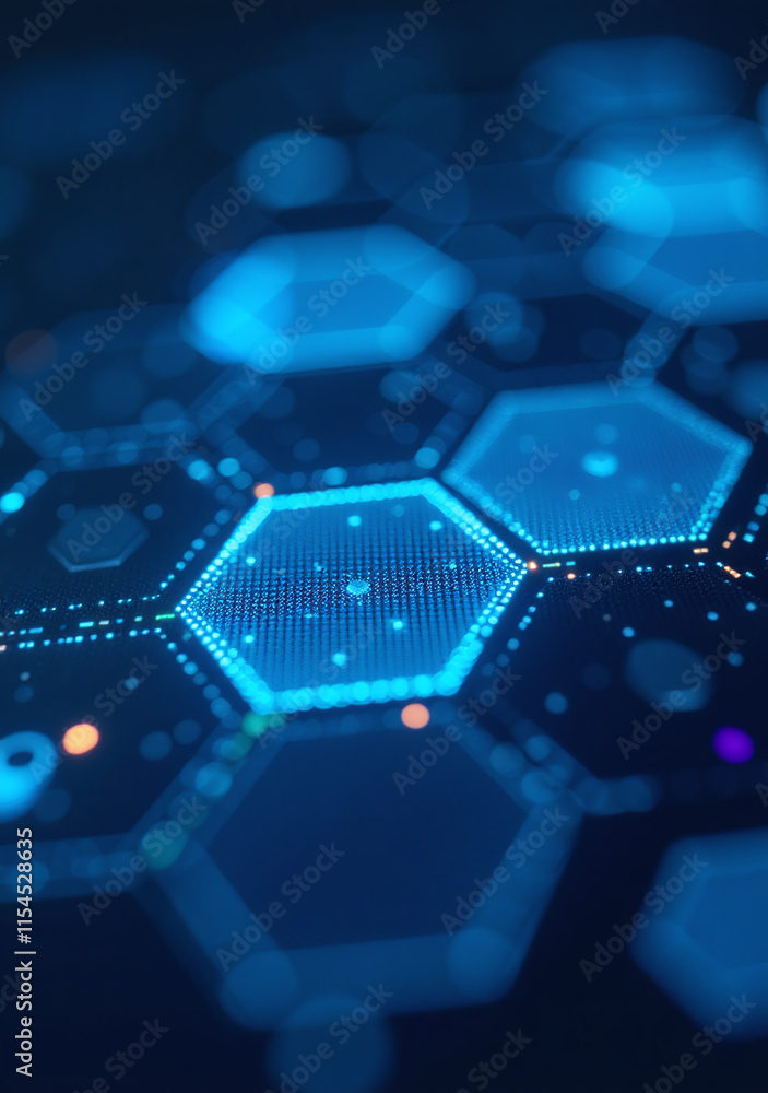 Poster hexagons blues create unique visual effect digital screens technological science background artistic