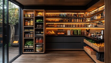 A sleek modern kitchen pantry featuring beautifully organized shelves with various food items, emphasizing both functionality and aesthetic appeal.
