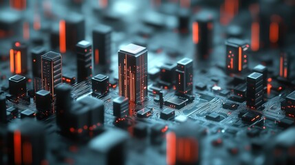 Futuristic Cityscape with Neon Lights Resembles Circuit Board, Showcasing Connectivity and Modern Technology in a Digital World