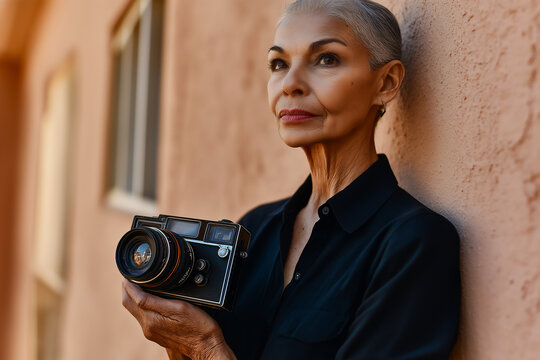 Older Hispanic woman holding camera and taking pictures outdoors, copy space