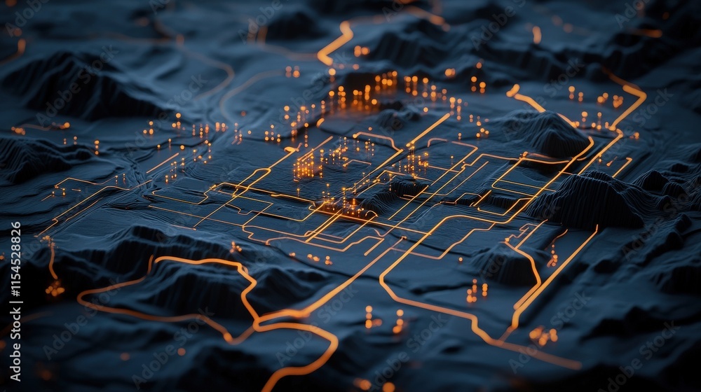 Poster Abstract topographic view of a futuristic cityscape with glowing pathways and illuminated structures, representing advanced technologies and urban planning concepts
