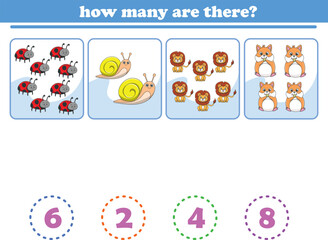 Counting game of wild animals for preschool kids. Printable. Vector Illustration