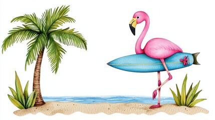 Flamingo Floating on Tropical Ocean with Palm Tree Landscape