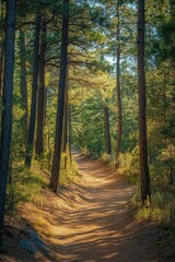 Obraz premium A serene forest path winding through tall trees and lush greenery.