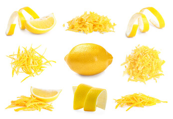 Fresh lemons, peels and zest on white background