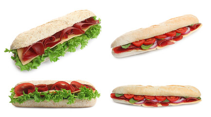 Sandwiches with bresaola isolated on white, collage