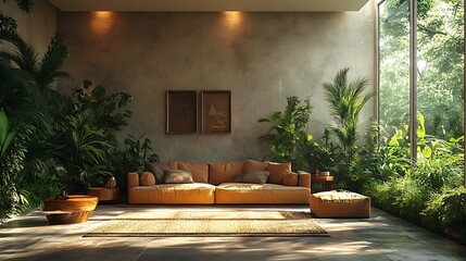 Modern Tropical Living Room. Concept of Relaxation, Nature, and Minimalism.