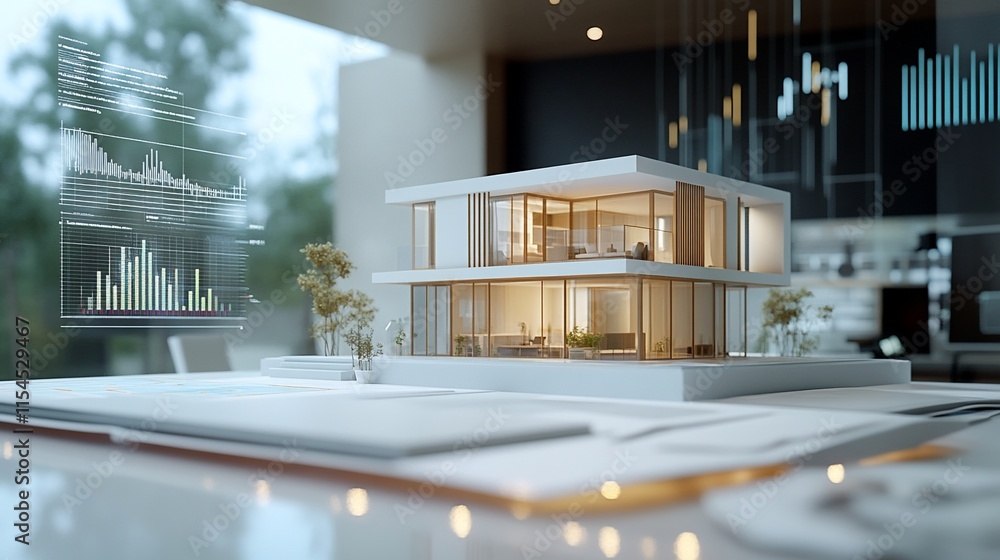 Poster a modern architectural model displayed with data visualization elements.