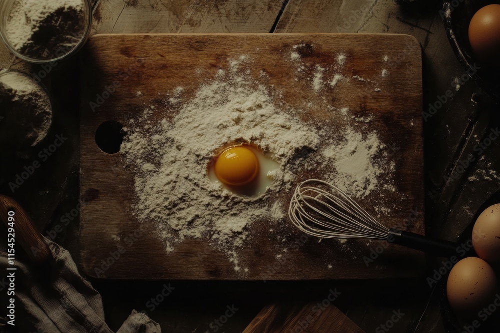 Poster top view of a wooden board covered in flour with a cracked egg and a whisk placed nearby in a kitche
