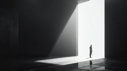 A solitary figure stands in a stark, illuminated space, evoking themes of isolation and introspection.